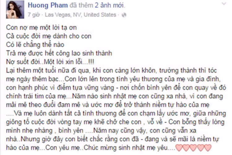 Phạm Hương từng xúc động cho biết cô nợ mẹ rất nhiều và không thể nào trả hết được. Đối với người đẹp gốc Hải Phòng, điểm tựa cũng như là nơi chốn bình yên để cô trở về chính là trái tim của mẹ.