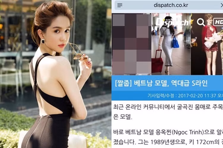 Năm 2017, trang tin điện tử lớn của Hàn Dispatch đăng tải bài viết về Ngọc Trinh với tiêu đề ""Người mẫu Việt với vóc dáng chữ S gợi cảm". Ảnh: Dispatch