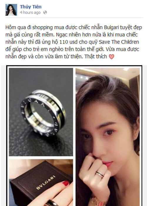 Một lần khác, Thủy Tiên khoe giá chiếc nhẫn mới 600 USD. Mặc dù nói rằng đã góp 110 USD cho chương trình từ thiện của nhãn hãng này nhưng cô vẫn bị cho rằng khoe của.