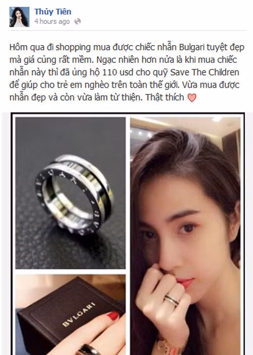 Một lần khác, Thủy Tiên khoe giá chiếc nhẫn mới 600 USD. Mặc dù nói rằng đã góp 110 USD cho chương trình từ thiện của nhãn hãng này nhưng cô vẫn bị cho rằng khoe của.