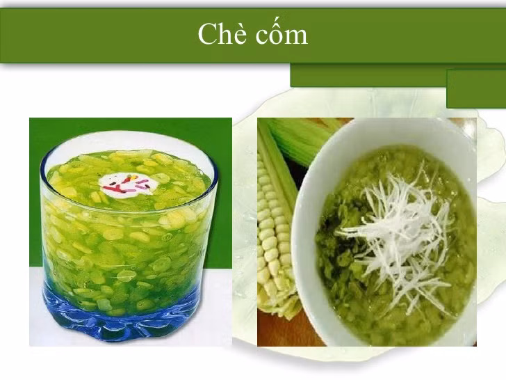  Chè cốm: Nằm đầu danh sách những món chè ngon trong mùa thu. Cốm là món ăn “truyền thống” trong mùa thu Hà Nội. Chè cốm là cách thưởng cốm sáng tạo của người dân. Bát chè cốm nước cốt dừa là tổng hòa của các thành phần cốm non, bột năng, bột sắn, đường, nước cốt dừa và dừa tươi. Loại chè này ăn nóng hay ăn lạnh đều rất ngon.