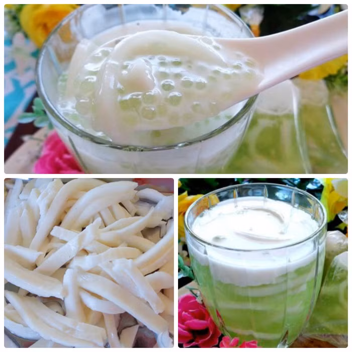  Chè dừa non: Bát chè có màu xanh mát, thơm mùi lá dứa, giòn ngon cùi dừa, hấp dẫn với những viên bột báng trong suốt. Khi ăn bạn cho thêm nước cốt dừa và vài viên đá tuyệt vời.