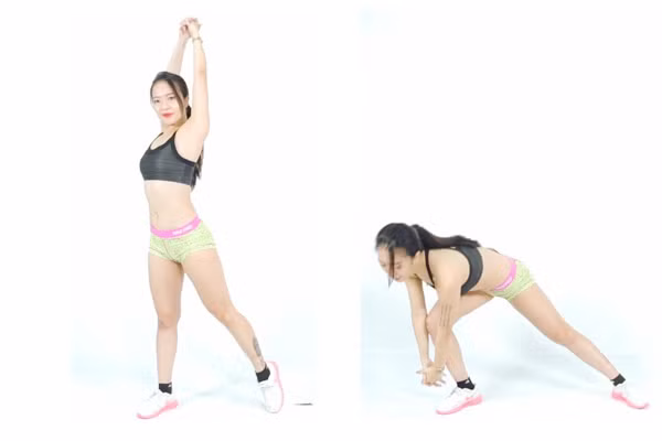  Động tác 6: Thực hiện như động tác 5 nhưng đổi bên, dùng chân phải làm trụ.