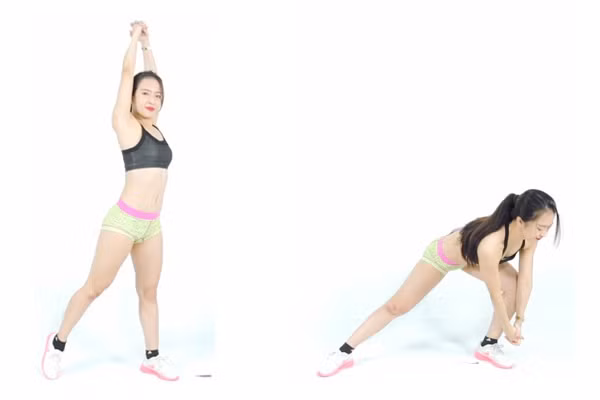  Động tác 5: Lấy chân trái làm trụ, chân phải nhấc gót chéo góc, hai tay nắm chặt giơ cao. Khuỵu chân trái về phía trước, cúi thân trên, hai tay nắm chặt hướng về mũi chân trái.