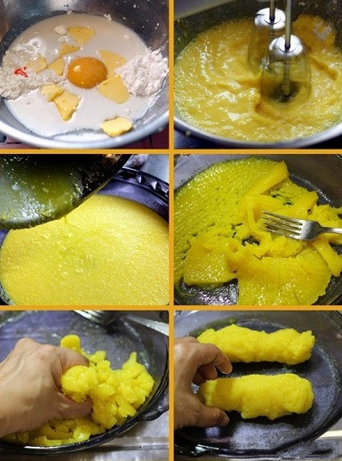  Bước 3: Làm nhân bánh: Bạn phải điều chỉnh lượng đường thấp, cho bớt ngọt. Cho tất cả các nguyên liệu bao gồm bột ngô, bột mì, lòng đỏ trứng, bột sắn, đường, bơ, sữa, và nước cốt dừa cùng màu thực phẩm trộn. Hấp hỗn hợp khoảng 30 phút. Sau khi nhân chín, bạn dùng nĩa hoặc thìa trộn đều cho bột mịn rồi cho ra mặt phẳng, lăn dài và chia thành các miếng nhỏ 35g và vo tròn.