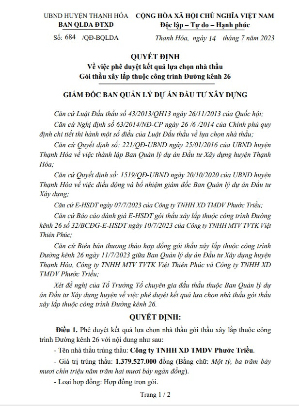 Long An: Cty Phước Triều một ngày trúng 2 gói thầu tại Thạnh Hóa Long An: Cty Phuoc Trieu mot ngay trung 2 goi thau tai Thanh Hoa