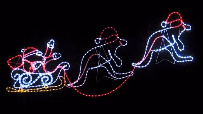 Kangaroo kéo xe trượt tuyết: Thay vì những con tuần lộc ở xứ tuyết trắng, tại Australia, xe trượt tuyết của ông già Noel được kéo bởi 8 con kangaroo, loài vật đặc trưng kiêm biểu tượng của đất nước. Ảnh: AP.