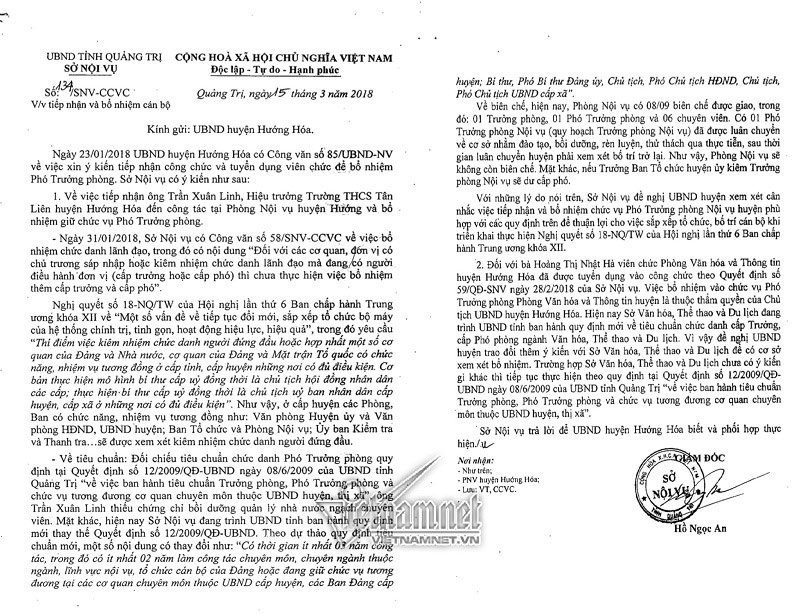 Phản hồi của Sở Nội vụ tỉnh Quảng Trị
