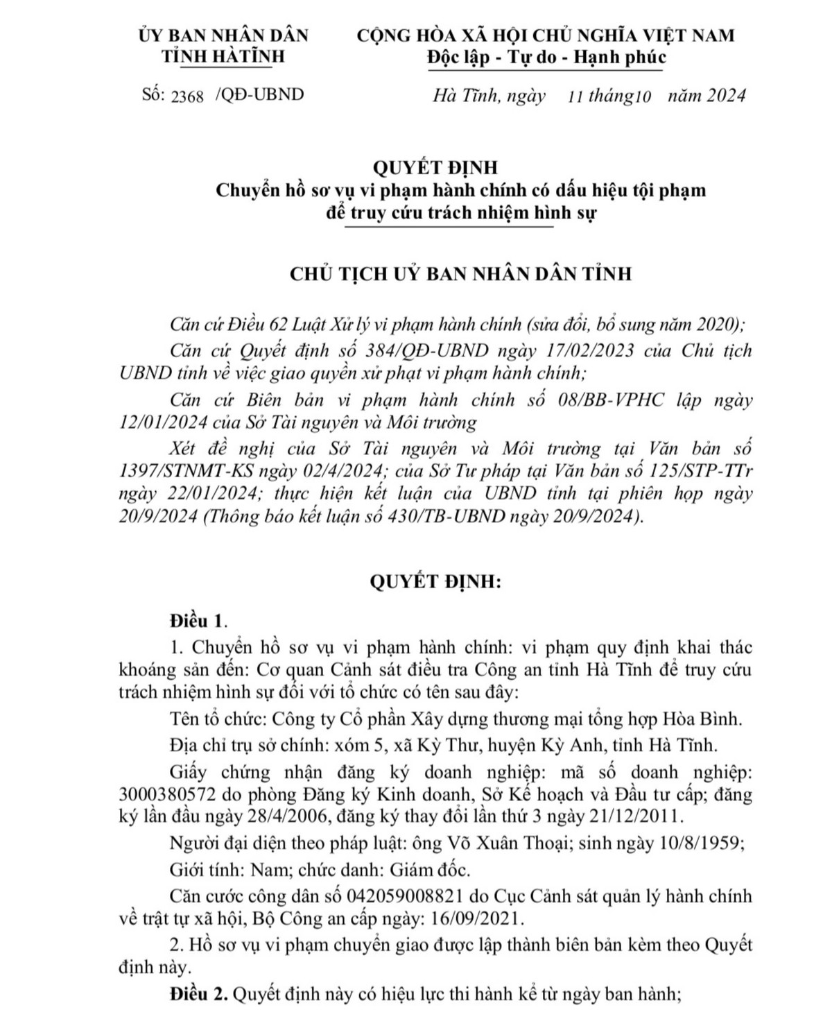 Hà Tĩnh: Chuyển công an điều tra sai phạm tại Công ty Hòa Bình - Hình 2 Ha Tinh: Chuyen cong an dieu tra sai pham tai Cong ty Hoa Binh-Hinh-2