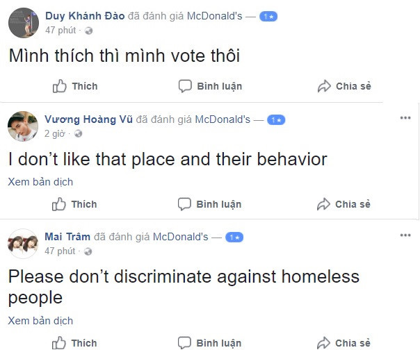 Đánh giá của người dùng Việt Nam tràn ngập fanpage McDonald's ở Myrtle Beach. Ảnh chụp màn hình.