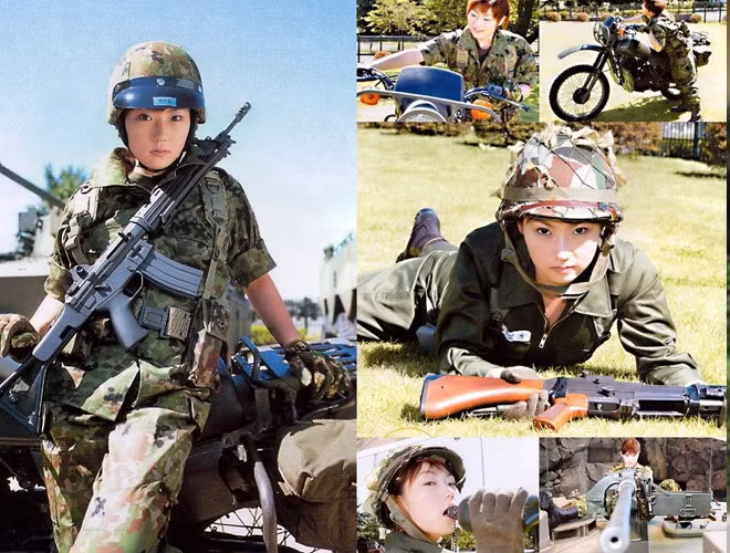 Nữ binh sĩ Nhật Bản đang tập luyện bên các phương tiện hỗ trợ chiến đấu.