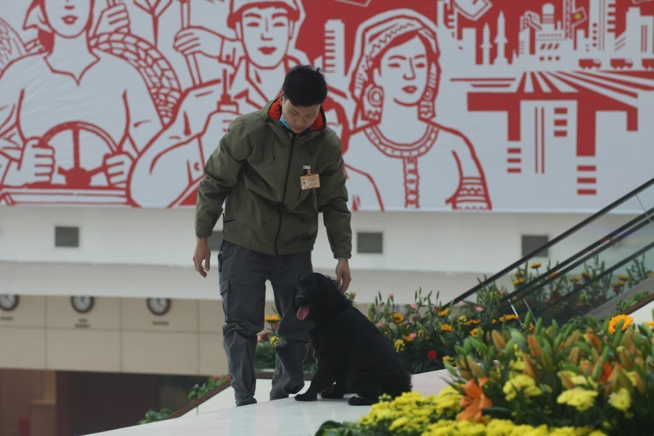 Chó nghiệp vụ được sử dụng bên trong Trung tâm Hội nghị Quốc gia. (Ảnh: Báo Lao động)