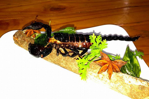 Món ăn ngon từ bọ cạp phổ biến nhất phải kể đến là bọ cạp chiên bơ. Với món này, bọ cạp sẽ được chiên giòn trong bơ. Nguyên liệu chính là những chú bọ cạp có màu đen nhánh, hai càng to. Thoạt nhìn, bọ cạp có nét giống con gián nhưng quan sát kỹ có nhiều nét khác biệt.