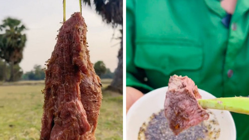 Thịt bò nướng kiến vàng. Thịt bò nướng kiến vàng có nguồn gốc rất thú vị. Theo kể lại, trong lần đi rừng, người ta phát hiện 1 chú bò không may bị rơi từ vách núi xuống, đúng vị trí tổ kiến vàng. Người này đã dùng dao xẻ thịt chia cho mọi người.