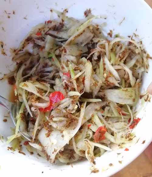 Điều thú vị là nộm sẽ có đủ vị giòn của đu đủ, cay của ớt bột, mặn của muối, ngọt của đường và vị chua đặc trưng của kiến – vị mà các nguyên liệu khác khó có thể có được.