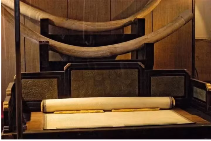 Nó được làm từ thời Ung Chính, là món quà do các vị quan từ Quảng Đông dâng lên hoàng đế. Chiếc chiếu này dài 210 cm và rộng 132 cm. Bề mặt của chiếu rất mịn, mềm và đặc biệt mát.