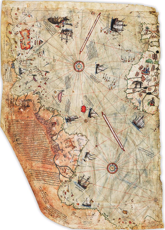Bản đồ Piri Reis mô tả một phần của thế giới từ châu Âu, châu Phi đến châu Mỹ và bị cho là có nguồn gốc từ các bản đồ cổ truyền mà Piri Reis đã thu thập.