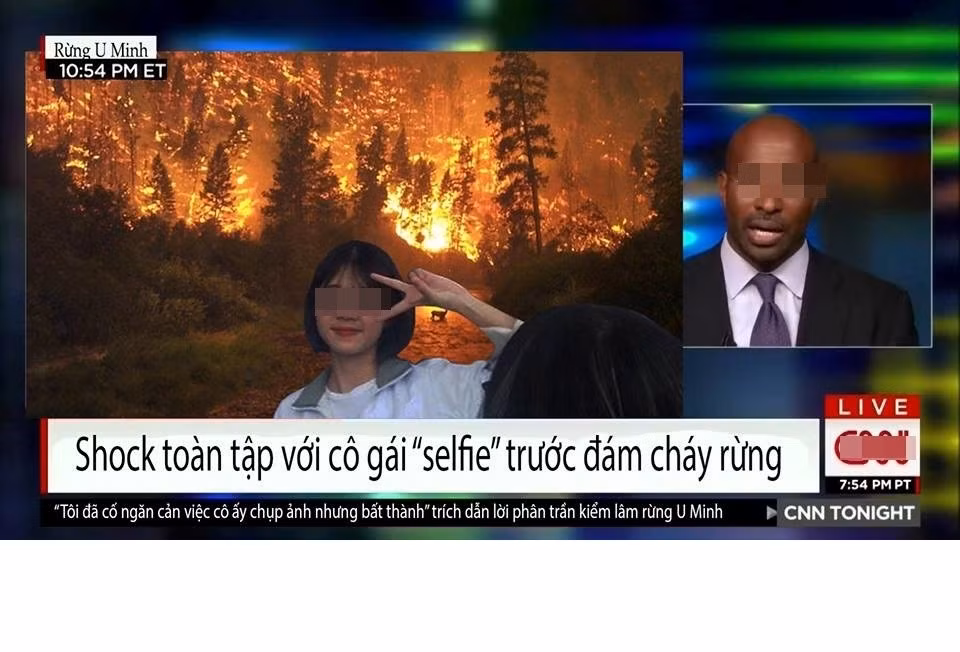 Khoảnh khắc trên còn được đặt vào một bản tin cháy rừng để chỉ trích hành động chụp ảnh selfie trước đám cháy của một bộ phận giới trẻ hiện nay. Ảnh: FB Phan Ba Nam.