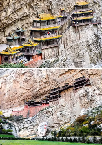 Tu viện treo, Trung Quốc. Một số phòng được xây dựng dọc theo vách đá dốc đứng làm tường phía sau. Từ năm 1982, tu viện đã được bảo vệ như một di tích quốc gia của Trung Quốc.