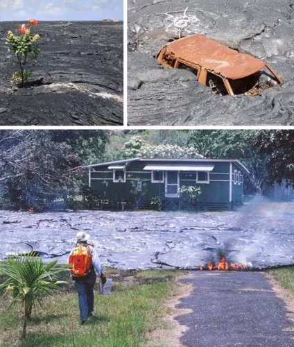 Kalapana, Hawaii. Năm 1986, dòng dung nham từ núi lửa đã biến nơi này thành một thị trấn ma quái. Tuy nhiên, mặc dù việc tiếp cận thị trấn đã bị cấm, một vài người vẫn còn sống ở đó. Đến năm 2010, có 35 ngôi nhà còn lại ở Kalapana.