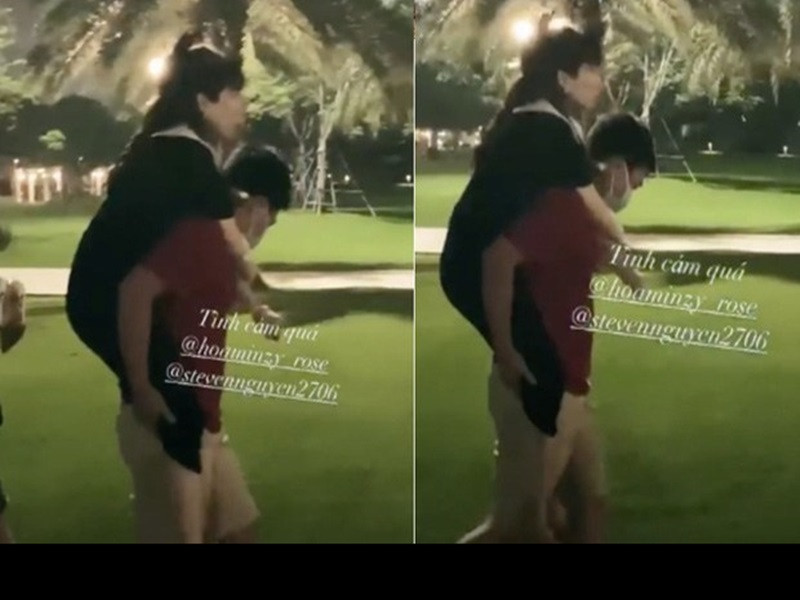 Bên nhau 4 năm, có con chung, vợ chồng Hòa Minzy vẫn mặn nồng như hồi mới yêu. Hình ảnh nữ ca sĩ kiệt sức được chồng đại gia cõng hồi tháng 10/2020.