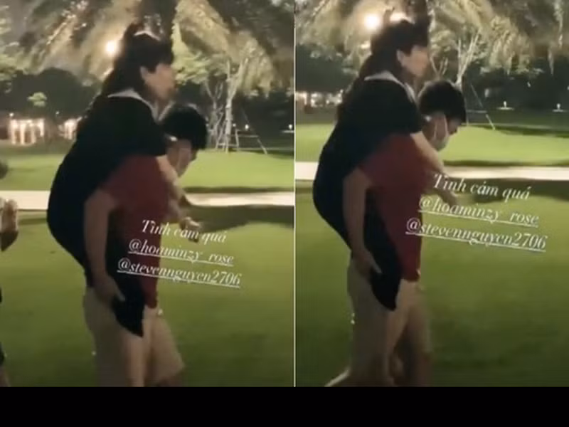 Bên nhau 4 năm, có con chung, vợ chồng Hòa Minzy vẫn mặn nồng như hồi mới yêu. Hình ảnh nữ ca sĩ kiệt sức được chồng đại gia cõng hồi tháng 10/2020.