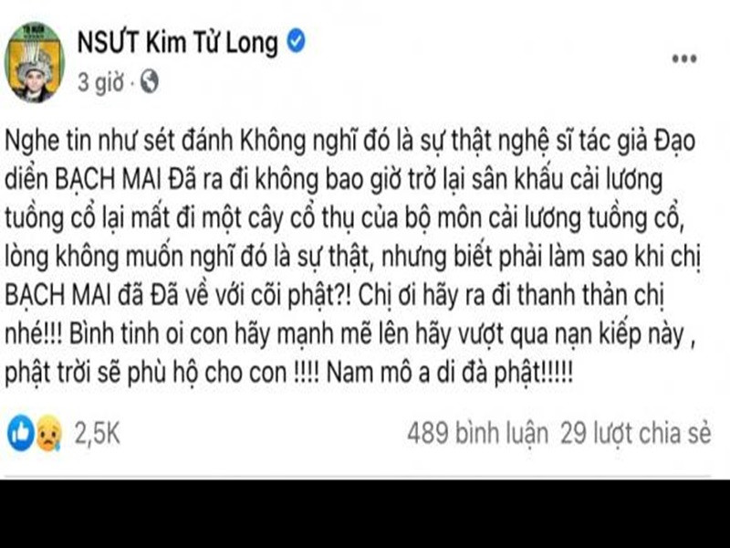 Nghệ sĩ Kim Tử Long bàng hoàng khi biết tin về nghệ sĩ Bạch Mai.