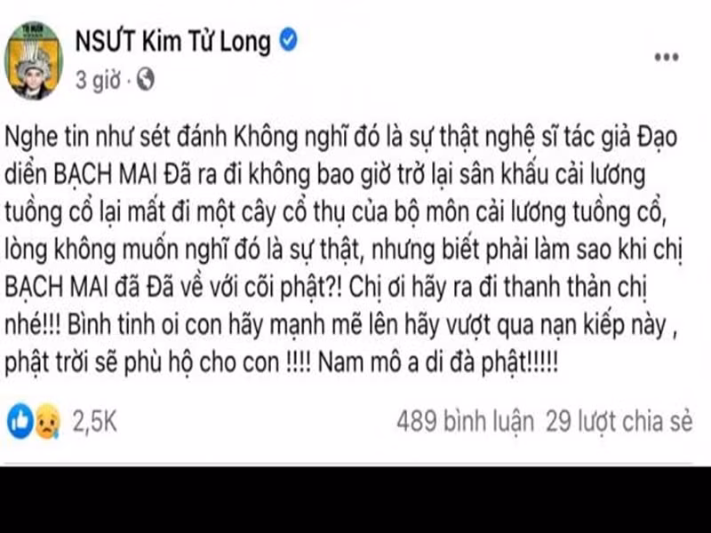Nghệ sĩ Kim Tử Long bàng hoàng khi biết tin về nghệ sĩ Bạch Mai.