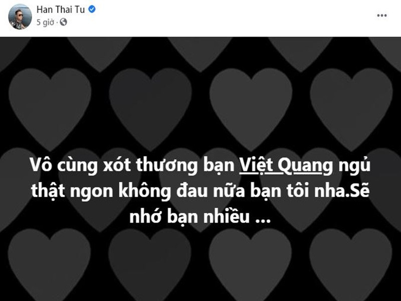 Ca sĩ Hàn Thái Tú bày tỏ sự tiếc thương: "Vô cùng xót thương. Việt Quang ngủ thật ngon, không còn đau đớn nữa bạn tôi nha. Nhớ bạn thật nhiều".