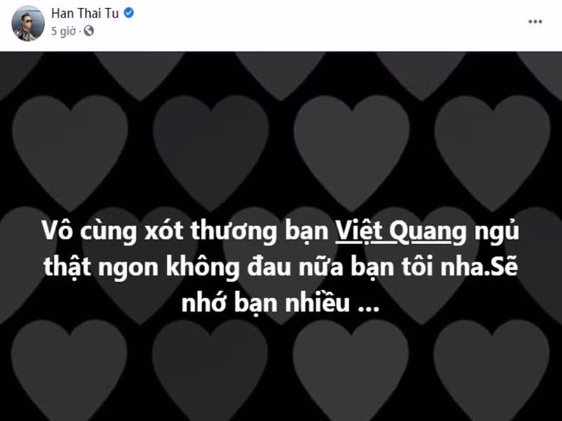 Ca sĩ Hàn Thái Tú bày tỏ sự tiếc thương: "Vô cùng xót thương. Việt Quang ngủ thật ngon, không còn đau đớn nữa bạn tôi nha. Nhớ bạn thật nhiều".