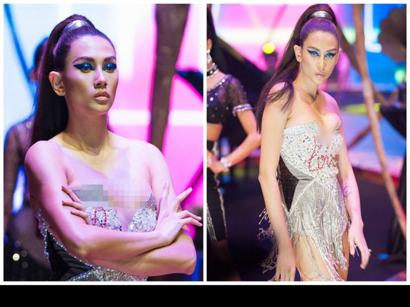 Trong show diễn thời trang của NTK Đỗ Long cuối tháng 6/2018, Võ Hoàng Yến diện trang phục bó sát o ép vòng một, khiến cô gặp phải sự cố lộ ngực. Ảnh: Vietnamnet