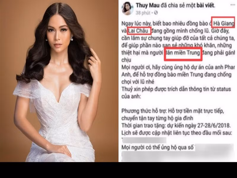 Tháng 6/2018, khi chia sẻ dòng trạng thái ủng hộ đồng bào ở Lai Châu và Hà Giang chịu ảnh hưởng bởi lũ lụt, Mâu Thủy lại kêu gọi mọi người cùng chia sẻ khó khăn với người dân miền Trung. Việc nhầm lẫn này khiến nữ người mẫu hứng gạch đá của dư luận. Ảnh: Vietnamnet