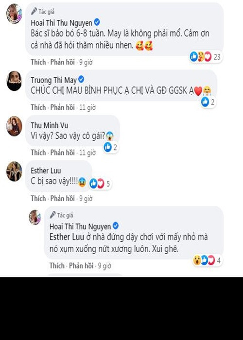 Khi được Hari Won hỏi thăm, Thu Hoài cho biết: "Ở nhà đứng dậy chơi với mấy nhỏ mà nứt xương luôn. Xui ghê". Nữ doanh nhân chia sẻ thêm rằng cô không phải mổ mà chỉ phải bó bột khoảng 6-8 tuần.