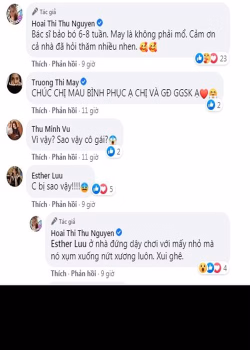 Khi được Hari Won hỏi thăm, Thu Hoài cho biết: "Ở nhà đứng dậy chơi với mấy nhỏ mà nứt xương luôn. Xui ghê". Nữ doanh nhân chia sẻ thêm rằng cô không phải mổ mà chỉ phải bó bột khoảng 6-8 tuần.