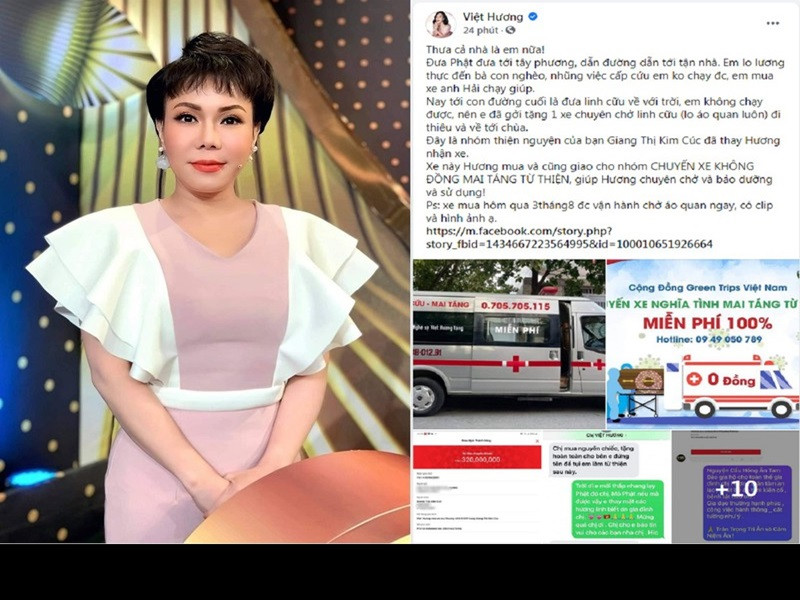 Ngày 4/8, Việt Hương tặng xe cứu thương cho nhóm “Chuyến xe 0 đồng mai táng từ thiện”. Theo Việt Hương, chiếc xe được mua vào ngày 3/8, với giá 320 triệu đồng và để nhóm từ thiện đứng tên. Ảnh: PLO