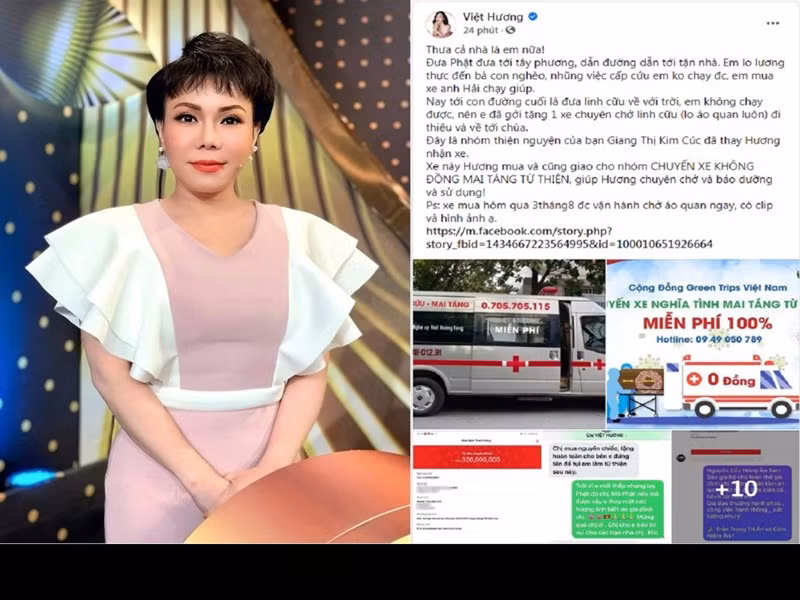 Ngày 4/8, Việt Hương tặng xe cứu thương cho nhóm “Chuyến xe 0 đồng mai táng từ thiện”. Theo Việt Hương, chiếc xe được mua vào ngày 3/8, với giá 320 triệu đồng và để nhóm từ thiện đứng tên. Ảnh: PLO