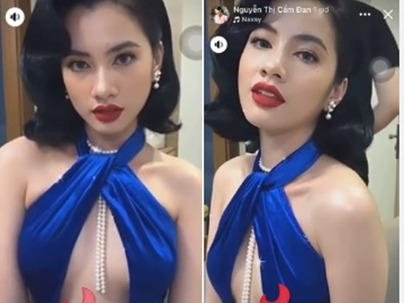 Khi tham gia một sự kiện tháng 1/2021, Cẩm Đan diện váy cổ yếm, khoét ngực sâu, khoe vòng 1 vô cùng quyến rũ.