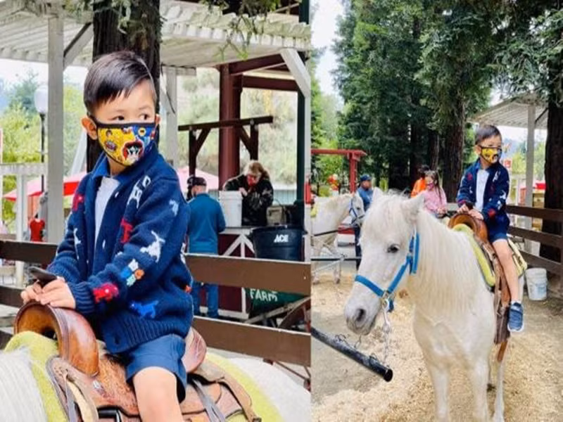 Con trai của Đan Trường - Thủy Tiên cưỡi ngựa trong chuyến đi chơi. Ảnh: Công lý và xã hội
