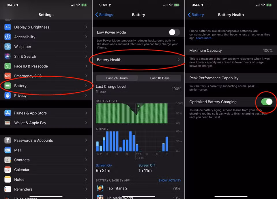 Hạn chế chai pin. Apple hỗ trợ tùy chọn giúp hạn chế chai pin khi sạc. Để kích hoạt, bạn truy cập vào Cài đặt > Pin > Tình trạng pin, sau đó bật tính năng Sạc pin được tối ưu hóa. iPhone sẽ "học hỏi" thói quen của dụng hàng ngày của người dùng, chỉ sạc nhanh đến 80% sau đó tính toán thời gian còn lại trước khi bạn sử dụng điện thoại để sạc với tốc độ vừa phải. Ảnh: MacWorld.