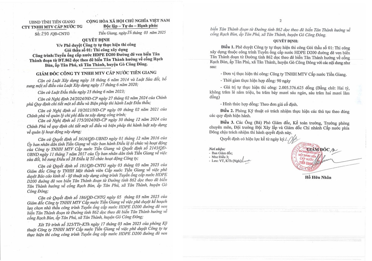 Điểm danh những gói thầu tự thực hiện của Cấp nước Tiền Giang Diem danh nhung goi thau tu thuc hien cua Cap nuoc Tien Giang
