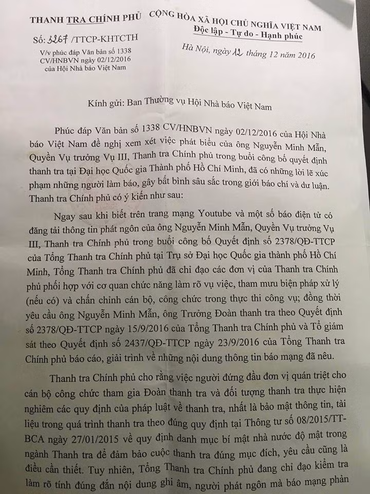 Công văn của TTCP phúc đáp Hội Nhà báo Việt Nam.