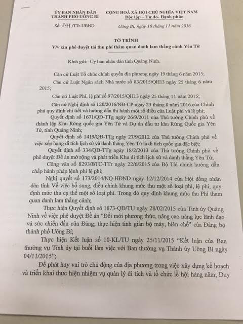Tờ trình của UBND TP Uông Bí về việc tái thu phí tham quan Yên Tử.