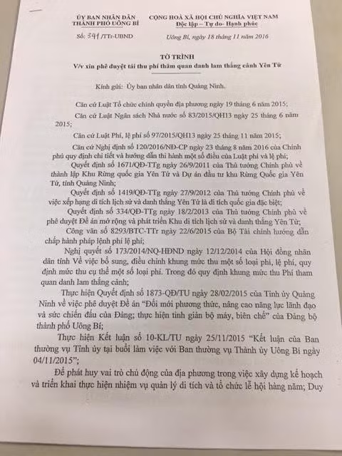 Tờ trình của UBND TP Uông Bí về việc tái thu phí tham quan Yên Tử.