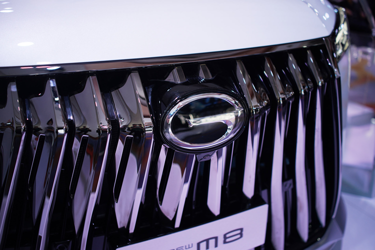 Phần đầu xe GAC M8 nổi bật với lưới tản nhiệt lấy cảm hứng từ hình tượng sư tử, được tạo nên từ 10 thanh chrome dọc kéo dài từ nắp ca-pô đến cản trước. Hệ thống đèn pha của M8 có khả năng tự động điều chỉnh góc chiếu, đèn mở, đèn chờ dẫn đường và tự động thích ứng với 388 điểm LED.