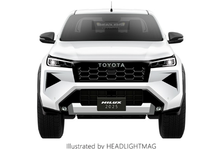 Đầu xe nổi bật với lưới tản nhiệt hình chữ nhật, họa tiết tổ ong, đi cùng dòng chữ “Toyota” ở giữa thay cho logo Toyota quen thuộc.