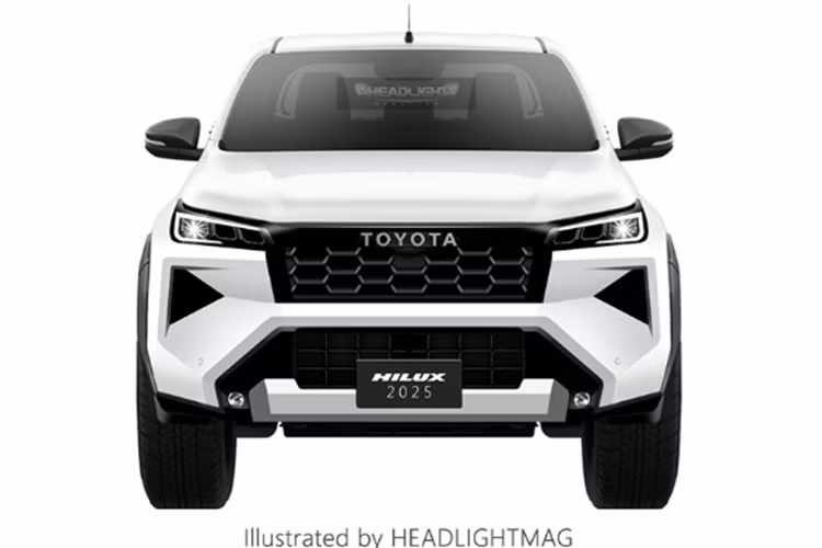 Đầu xe nổi bật với lưới tản nhiệt hình chữ nhật, họa tiết tổ ong, đi cùng dòng chữ “Toyota” ở giữa thay cho logo Toyota quen thuộc.
