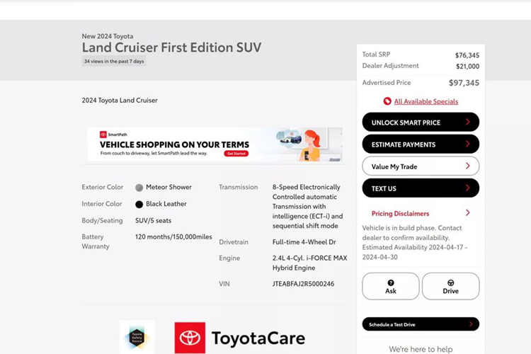 Cụ thể, tại đại lý Concord Toyota cũng thuộc tiểu bang California, Toyota Land Cruiser 2024 đang được chào bán với giá 97.345 USD (2,478 tỷ đồng) dù giá niêm yết tại khu vực này chỉ là 76.345 USD (1,94 tỷ đồng).