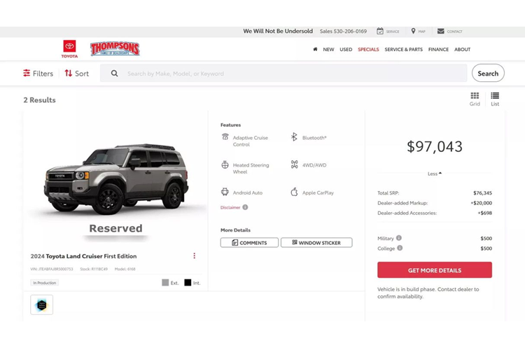 Hiện mức chênh giá cao nhất đối với mẫu xe SUV Toyota Land Cruiser 2024 mà Carscoops ghi nhận được là 21.000 USD (534 triệu đồng).