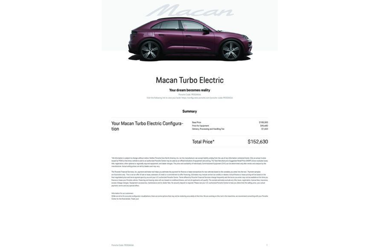 Về màu sơn ngoại thất, SUV điện Porsche Macan EV 2024 có bốn nhóm màu được đặt tên là Tương phản, Sắc thái, Mơ mộng và Huyền thoại. Danh sách này bao gồm các màu cơ bản như đen, trắng và xám cũng như các tùy chọn màu sắc tươi sáng và độc đáo hơn như cam ánh kim (Papaya metallic) và xanh ánh kim (Gentian Blue metallic).