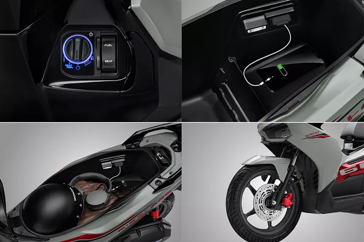 Trong khi đó, phiên bản Cao cấp được thiết kế với ý tưởng kết hợp 2 tông màu tương phản là bạc xanh đen và bạc đỏ đen. Màu đỏ và xanh đen được trang trí xen kẽ từ đầu xe, thân xe đến thanh chắn bùn, cùng với logo Air Blade 3D được mạ crôm.